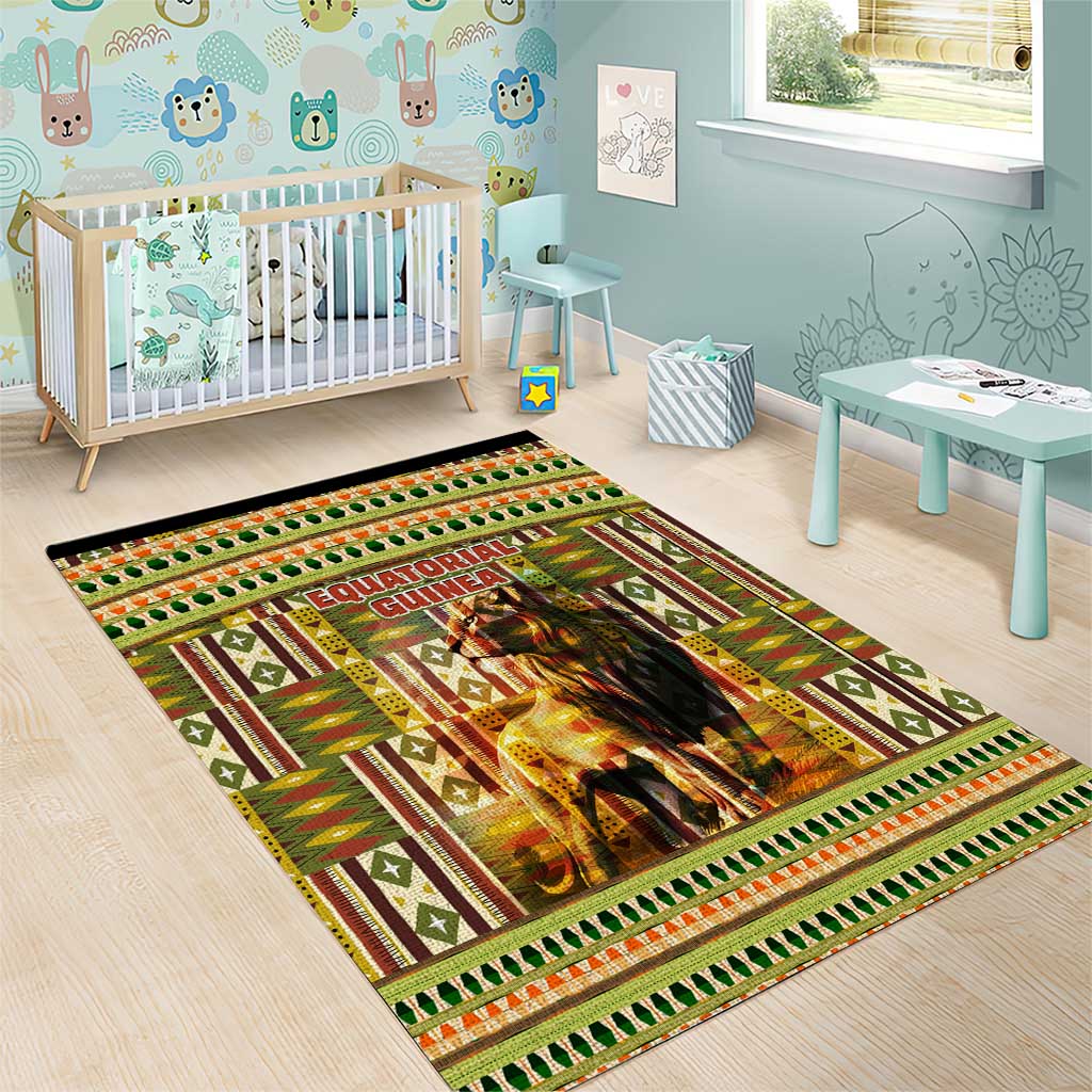 Equatorial Guinea Area Rug - Lion Print and Traditional African Kente Patterns