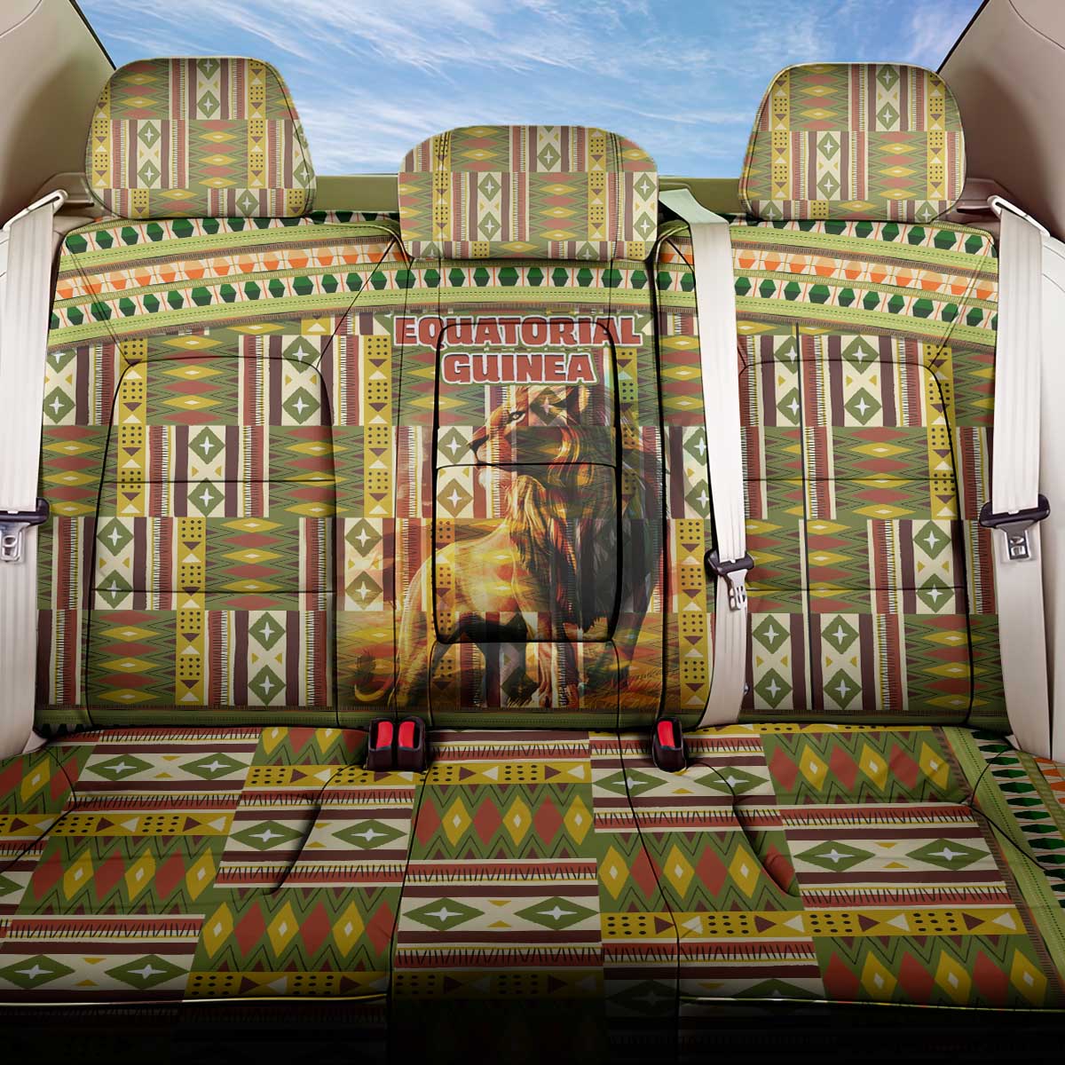 Equatorial Guinea Back Car Seat Cover - Lion Print and Traditional African Kente Patterns