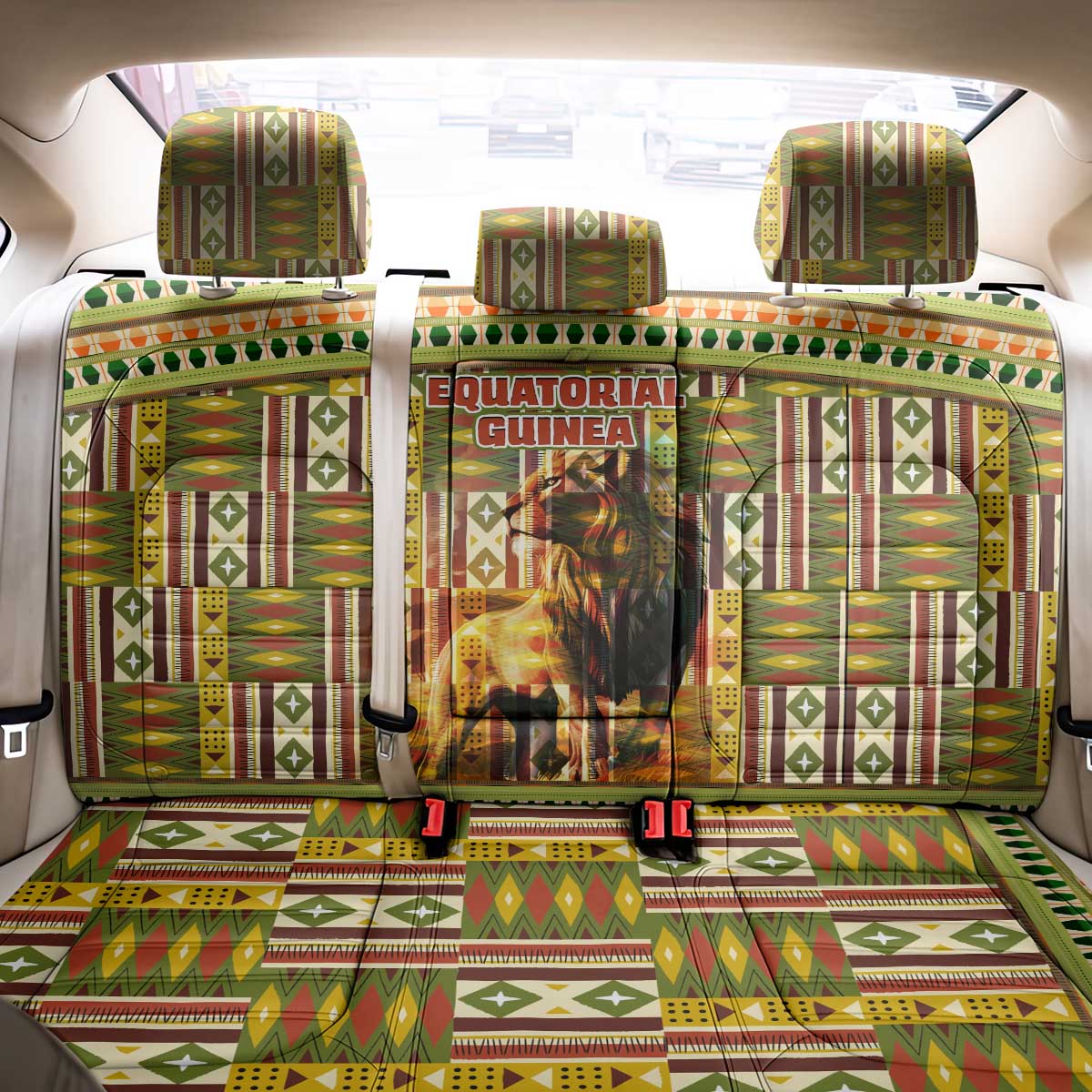 Equatorial Guinea Back Car Seat Cover - Lion Print and Traditional African Kente Patterns