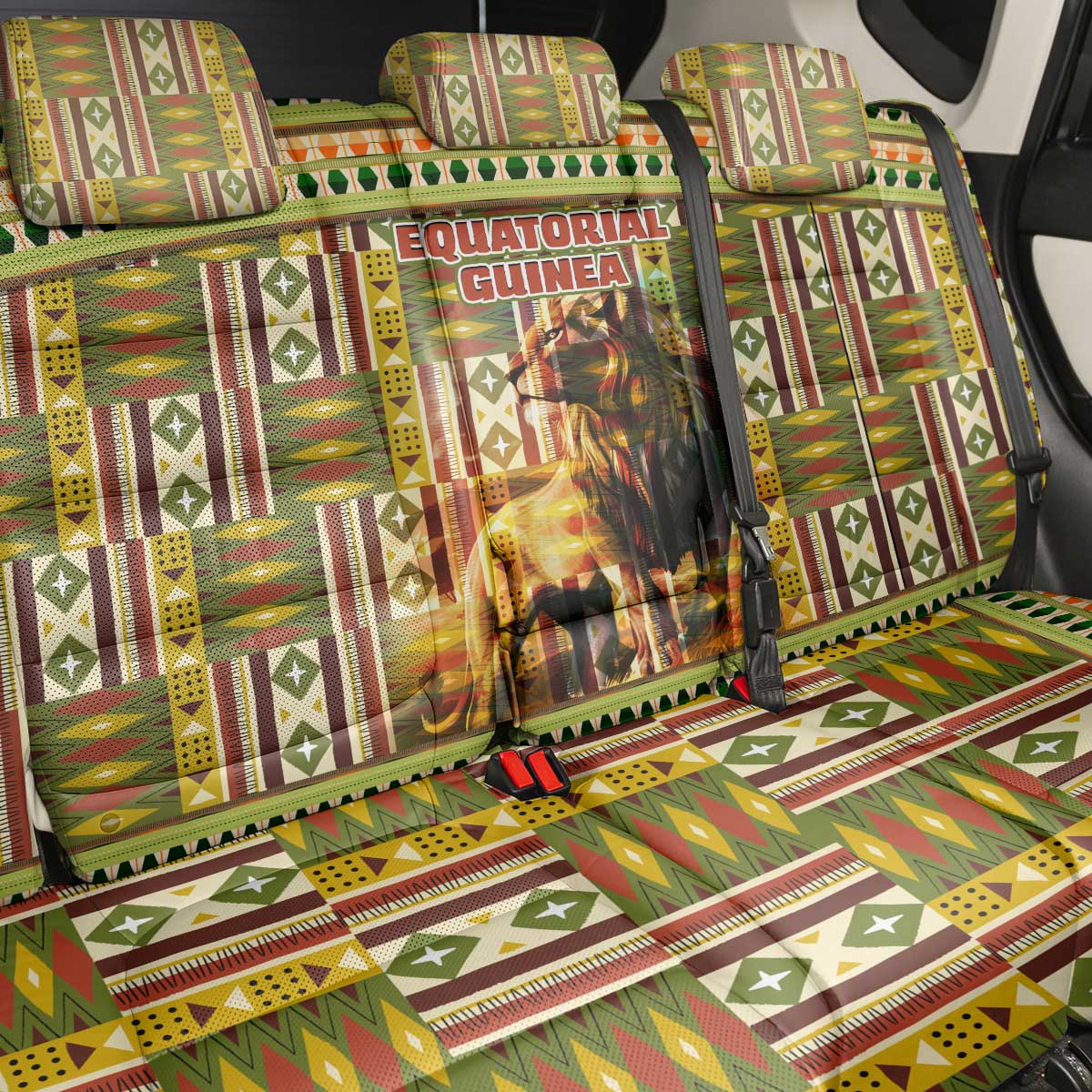 Equatorial Guinea Back Car Seat Cover - Lion Print and Traditional African Kente Patterns