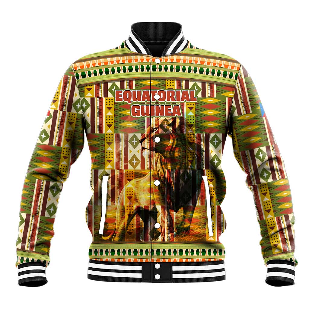 Equatorial Guinea Baseball Jacket - Lion Print and Traditional African Kente Patterns