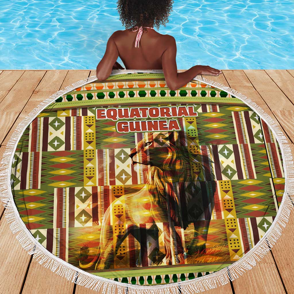 Equatorial Guinea Beach Blanket - Lion Print and Traditional African Kente Patterns