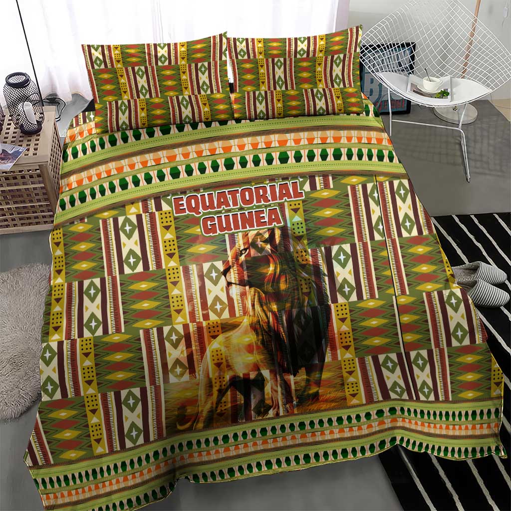 Equatorial Guinea Bedding Set - Lion Print and Traditional African Kente Patterns