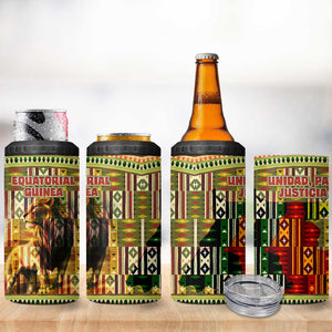 Equatorial Guinea 4 in 1 Can Cooler Tumbler - Lion Print and Traditional African Kente Patterns
