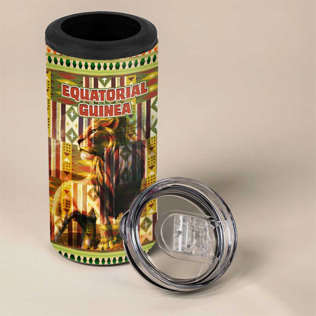 Equatorial Guinea 4 in 1 Can Cooler Tumbler - Lion Print and Traditional African Kente Patterns