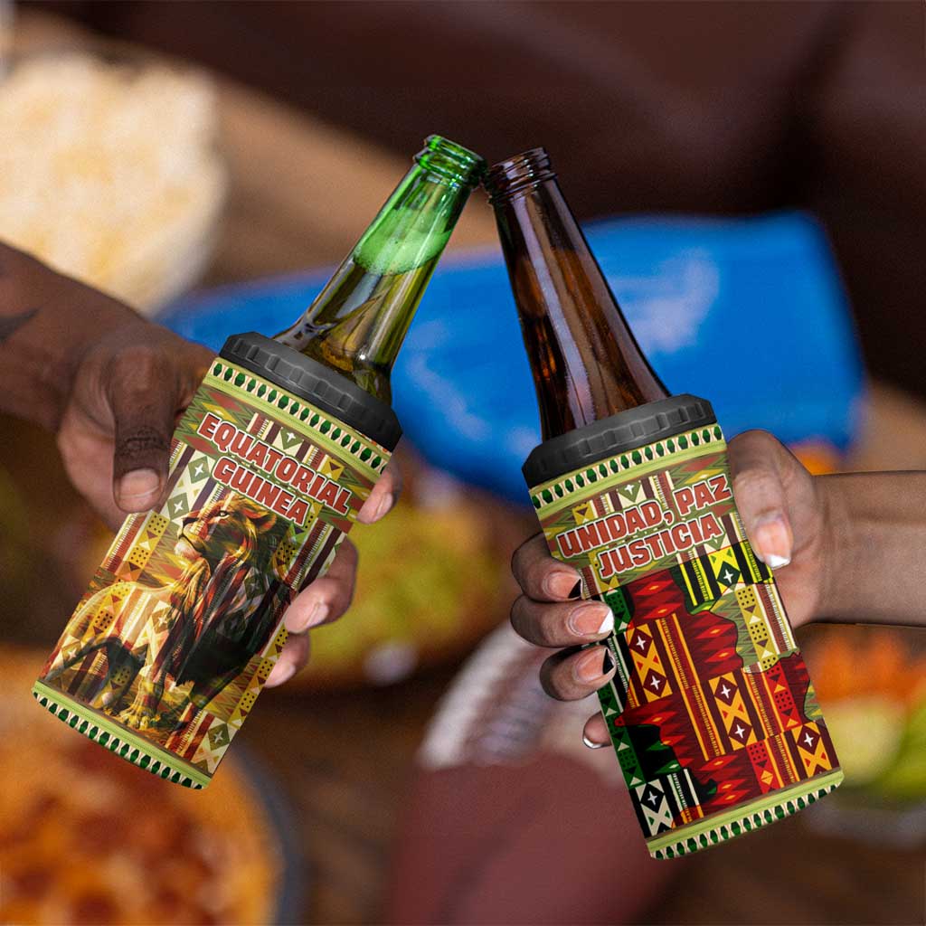 Equatorial Guinea 4 in 1 Can Cooler Tumbler - Lion Print and Traditional African Kente Patterns