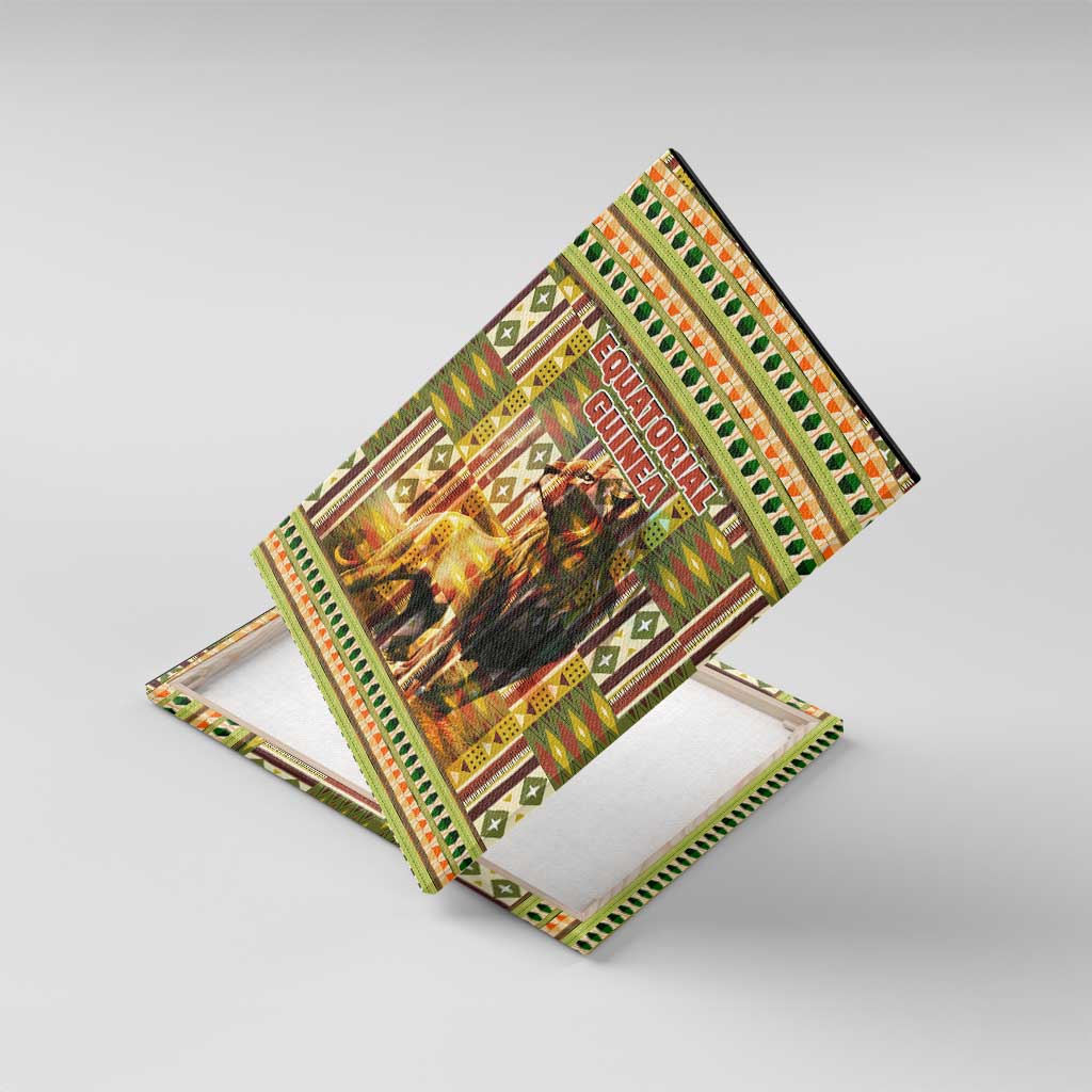 Equatorial Guinea Canvas Wall Art - Lion Print and Traditional African Kente Patterns