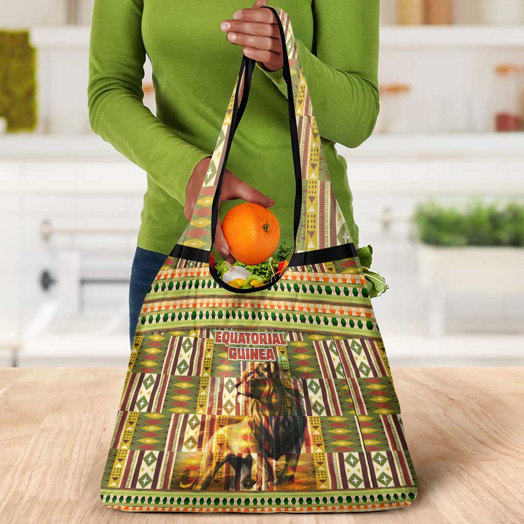 Equatorial Guinea Grocery Bag - Lion Print and Traditional African Kente Patterns