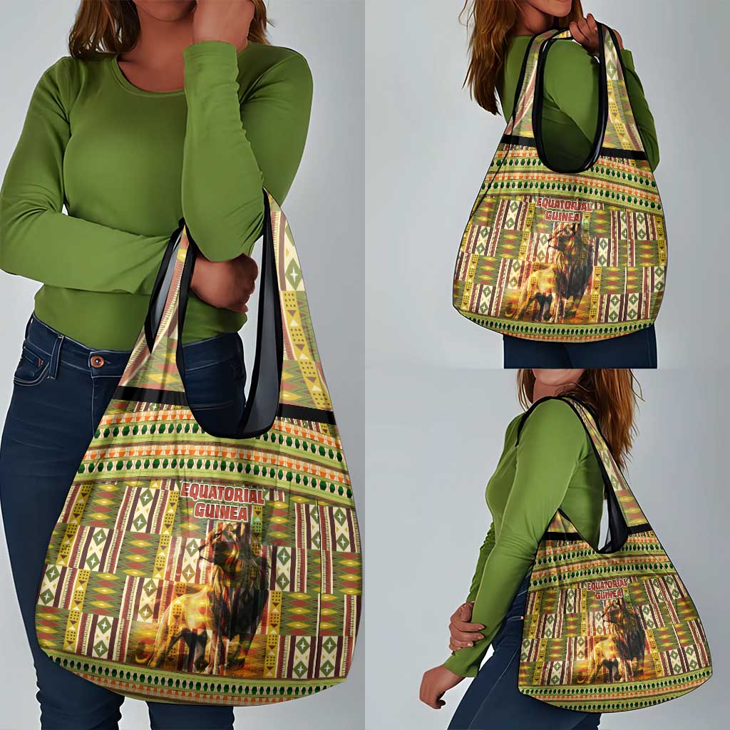 Equatorial Guinea Grocery Bag - Lion Print and Traditional African Kente Patterns