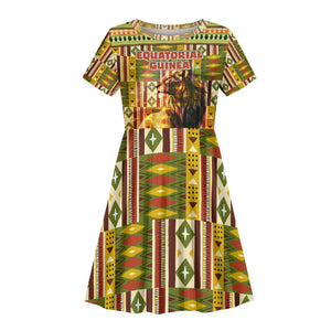 Equatorial Guinea Kid Short Sleeve Dress - Lion Print and Traditional African Kente Patterns