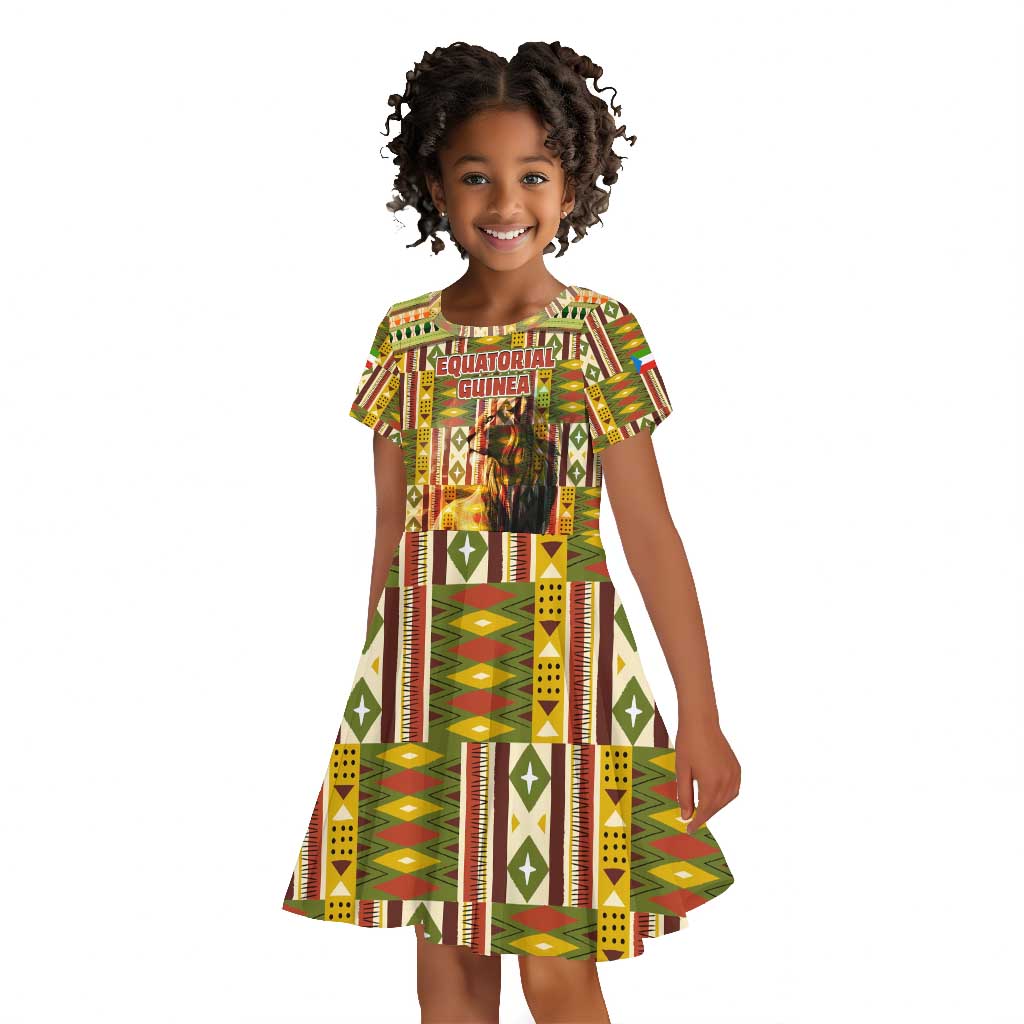Equatorial Guinea Kid Short Sleeve Dress - Lion Print and Traditional African Kente Patterns