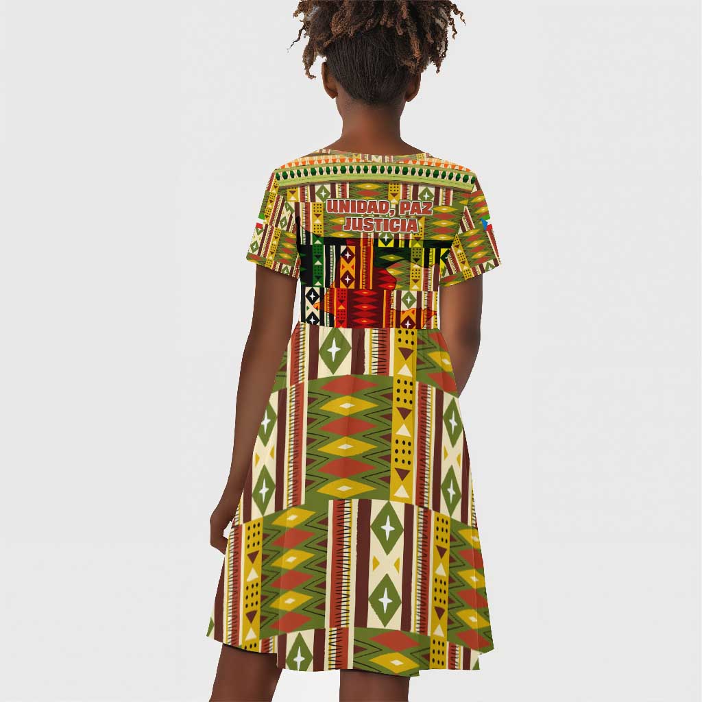 Equatorial Guinea Kid Short Sleeve Dress - Lion Print and Traditional African Kente Patterns