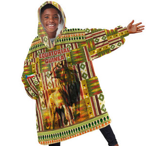 Equatorial Guinea Kid Wearable Blanket Hoodie - Lion Print and Traditional African Kente Patterns