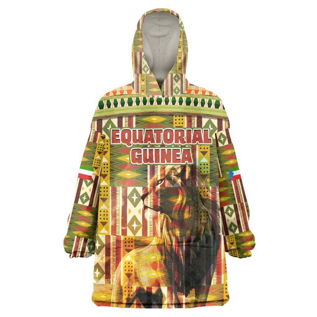 Equatorial Guinea Kid Wearable Blanket Hoodie - Lion Print and Traditional African Kente Patterns