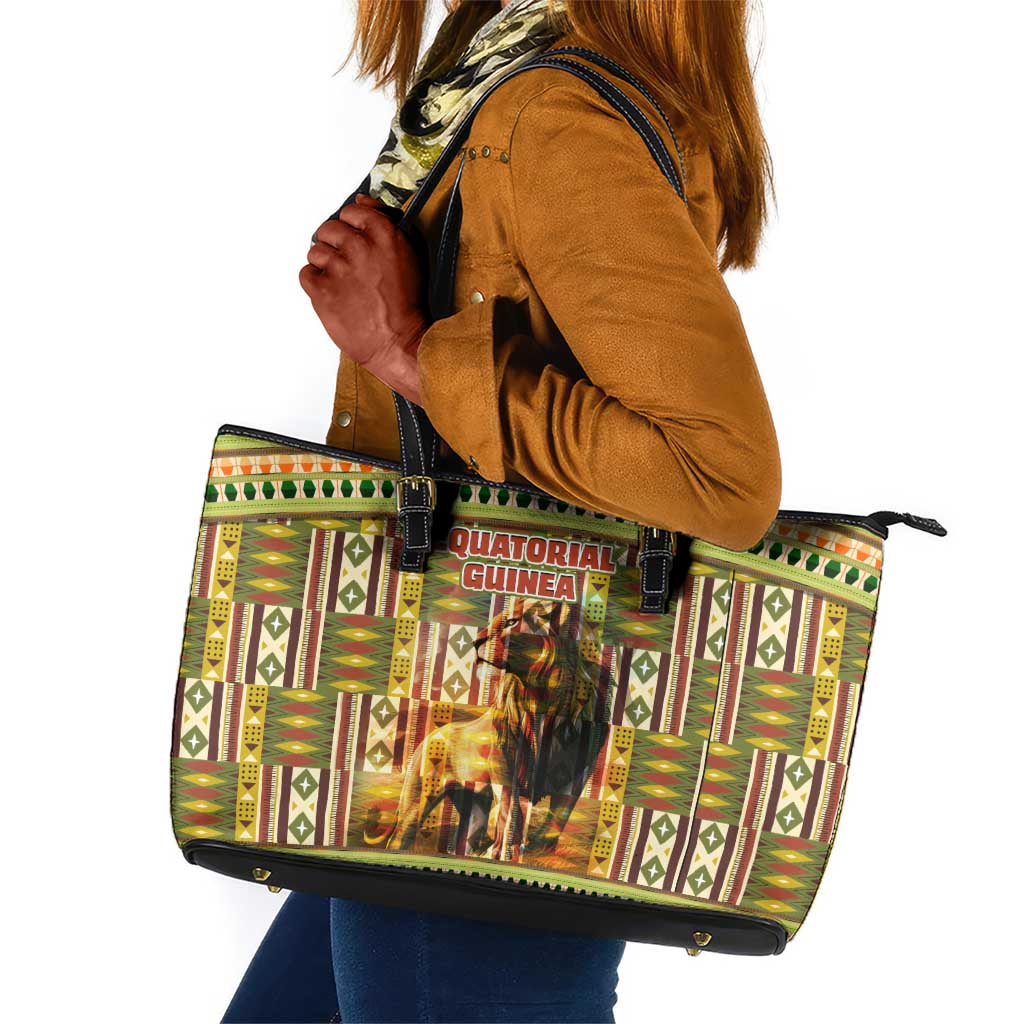 Equatorial Guinea Leather Tote Bag - Lion Print and Traditional African Kente Patterns