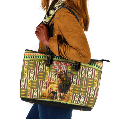Equatorial Guinea Leather Tote Bag - Lion Print and Traditional African Kente Patterns