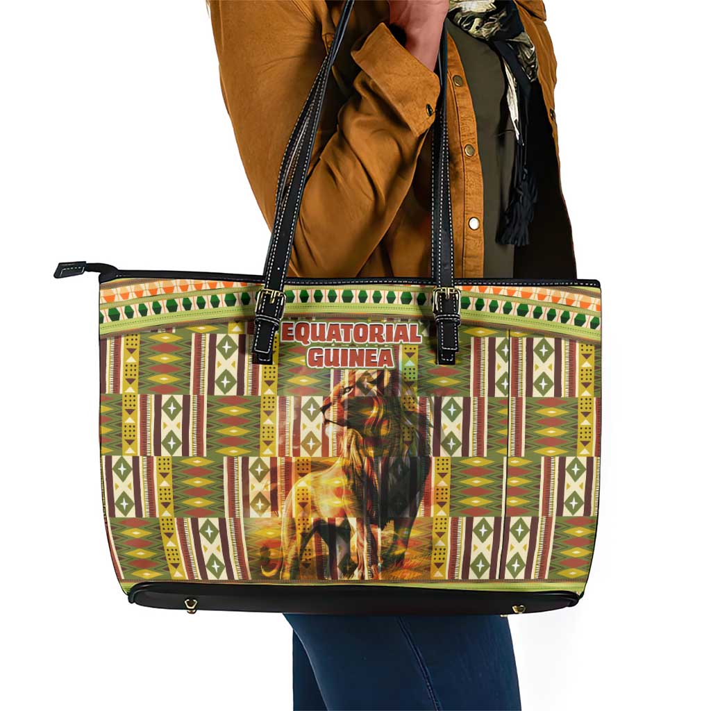 Equatorial Guinea Leather Tote Bag - Lion Print and Traditional African Kente Patterns