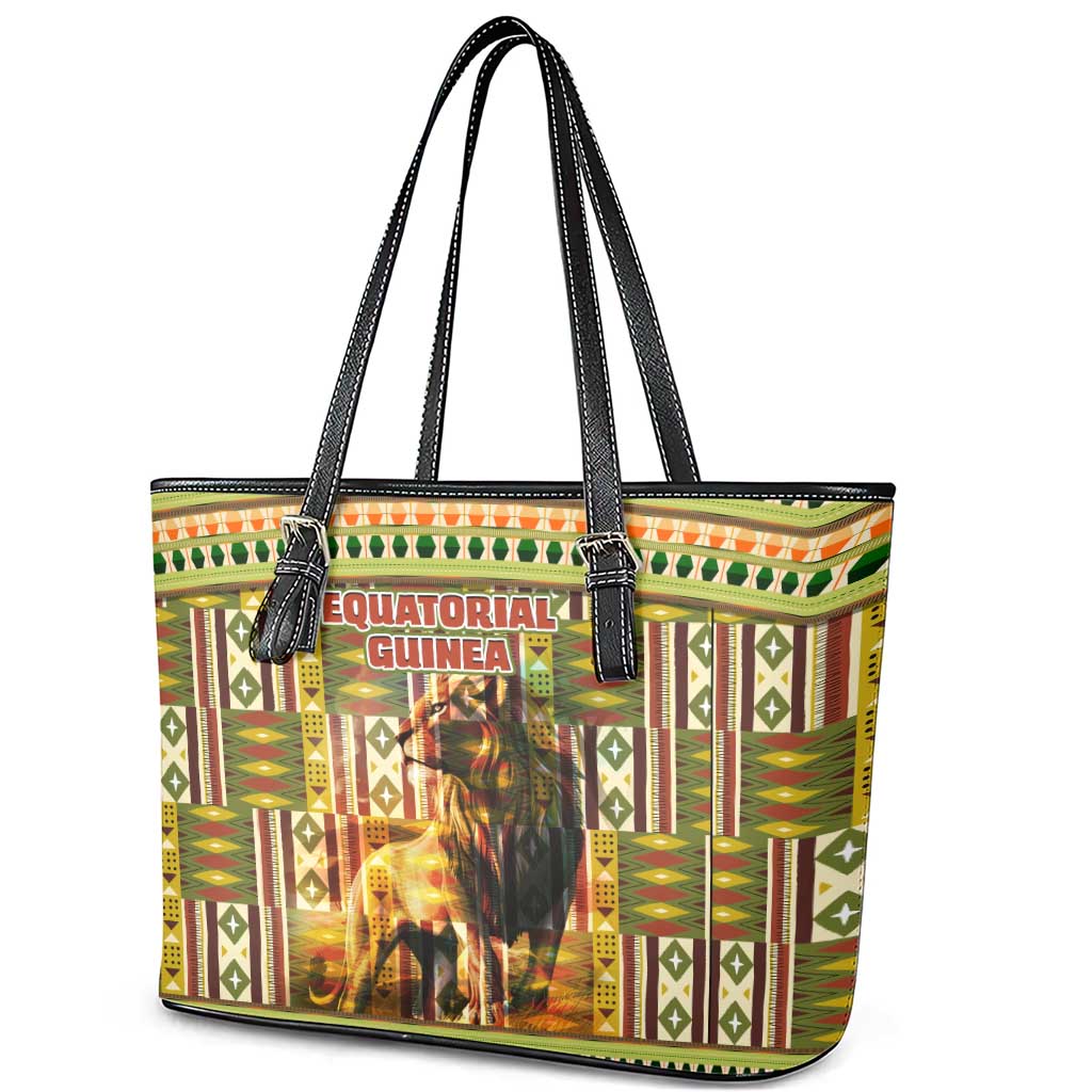 Equatorial Guinea Leather Tote Bag - Lion Print and Traditional African Kente Patterns