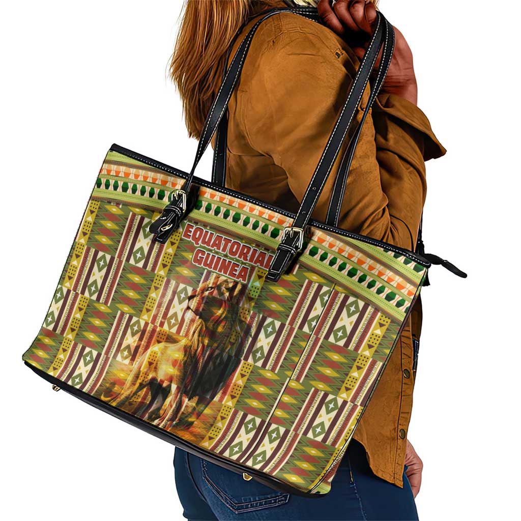 Equatorial Guinea Leather Tote Bag - Lion Print and Traditional African Kente Patterns