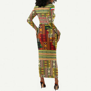 Equatorial Guinea Long Sleeve Bodycon Dress - Lion Print and Traditional African Kente Patterns