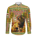 Equatorial Guinea Long Sleeve Button Shirt - Lion Print and Traditional African Kente Patterns