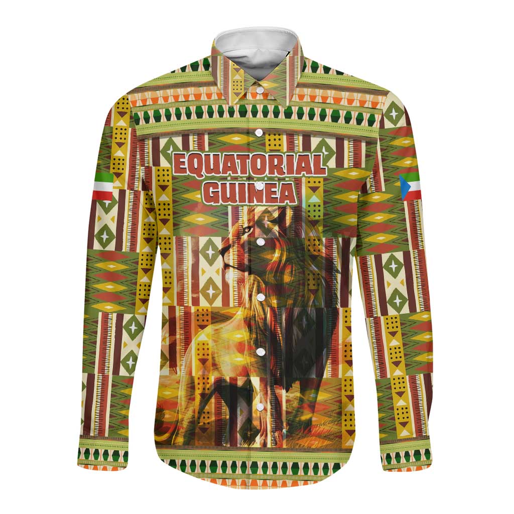 Equatorial Guinea Long Sleeve Button Shirt - Lion Print and Traditional African Kente Patterns
