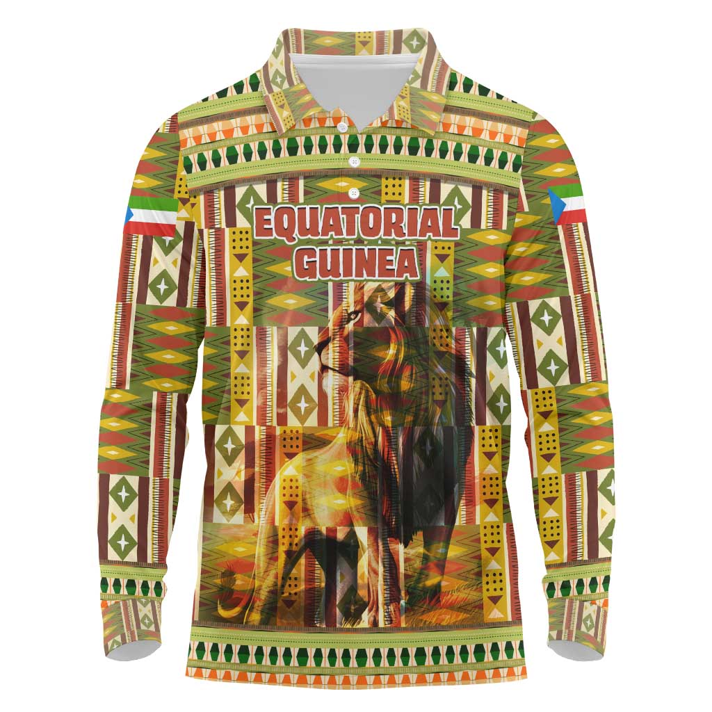 Equatorial Guinea Long Sleeve Polo Shirt - Lion Print and Traditional African Kente Patterns