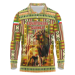 Equatorial Guinea Long Sleeve Polo Shirt - Lion Print and Traditional African Kente Patterns