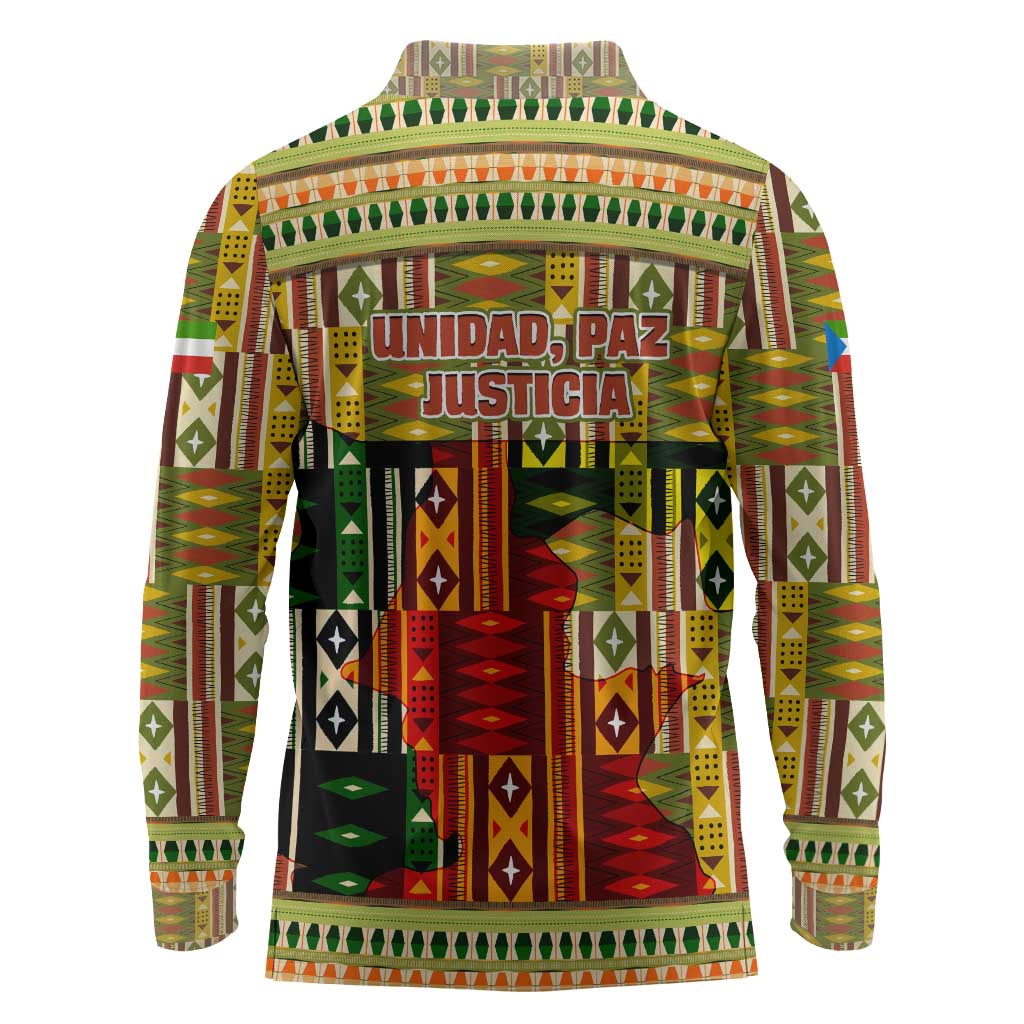 Equatorial Guinea Long Sleeve Polo Shirt - Lion Print and Traditional African Kente Patterns