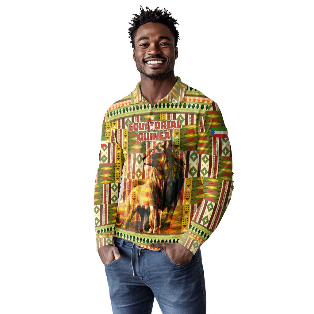Equatorial Guinea Long Sleeve Polo Shirt - Lion Print and Traditional African Kente Patterns