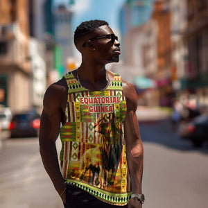 Equatorial Guinea Men Tank Top - Lion Print and Traditional African Kente Patterns