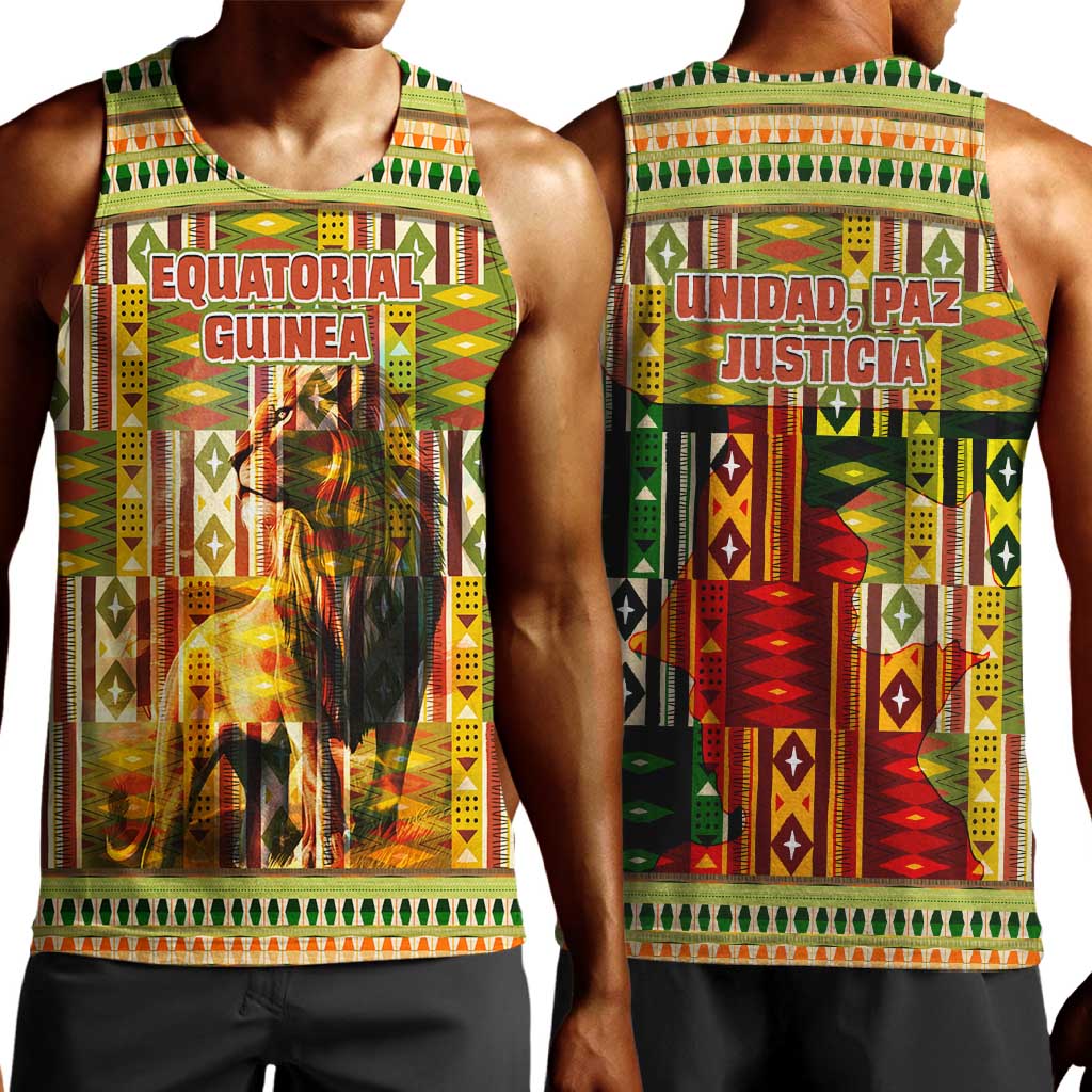 Equatorial Guinea Men Tank Top - Lion Print and Traditional African Kente Patterns