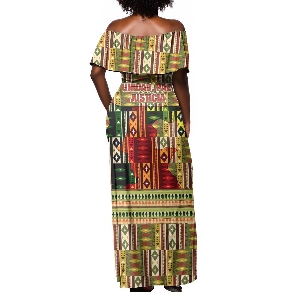 Equatorial Guinea Off Shoulder Maxi Dress - Lion Print and Traditional African Kente Patterns