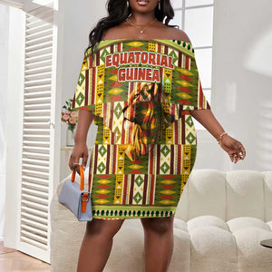 Equatorial Guinea Off Shoulder Short Dress - Lion Print and Traditional African Kente Patterns