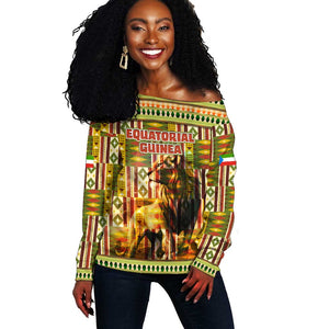 Equatorial Guinea Off Shoulder Sweater - Lion Print and Traditional African Kente Patterns