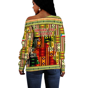 Equatorial Guinea Off Shoulder Sweater - Lion Print and Traditional African Kente Patterns