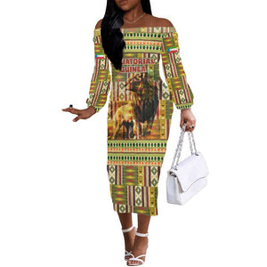 Equatorial Guinea Off The Shoulder Long Sleeve Dress - Lion Print and Traditional African Kente Patterns