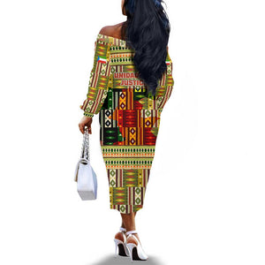 Equatorial Guinea Off The Shoulder Long Sleeve Dress - Lion Print and Traditional African Kente Patterns