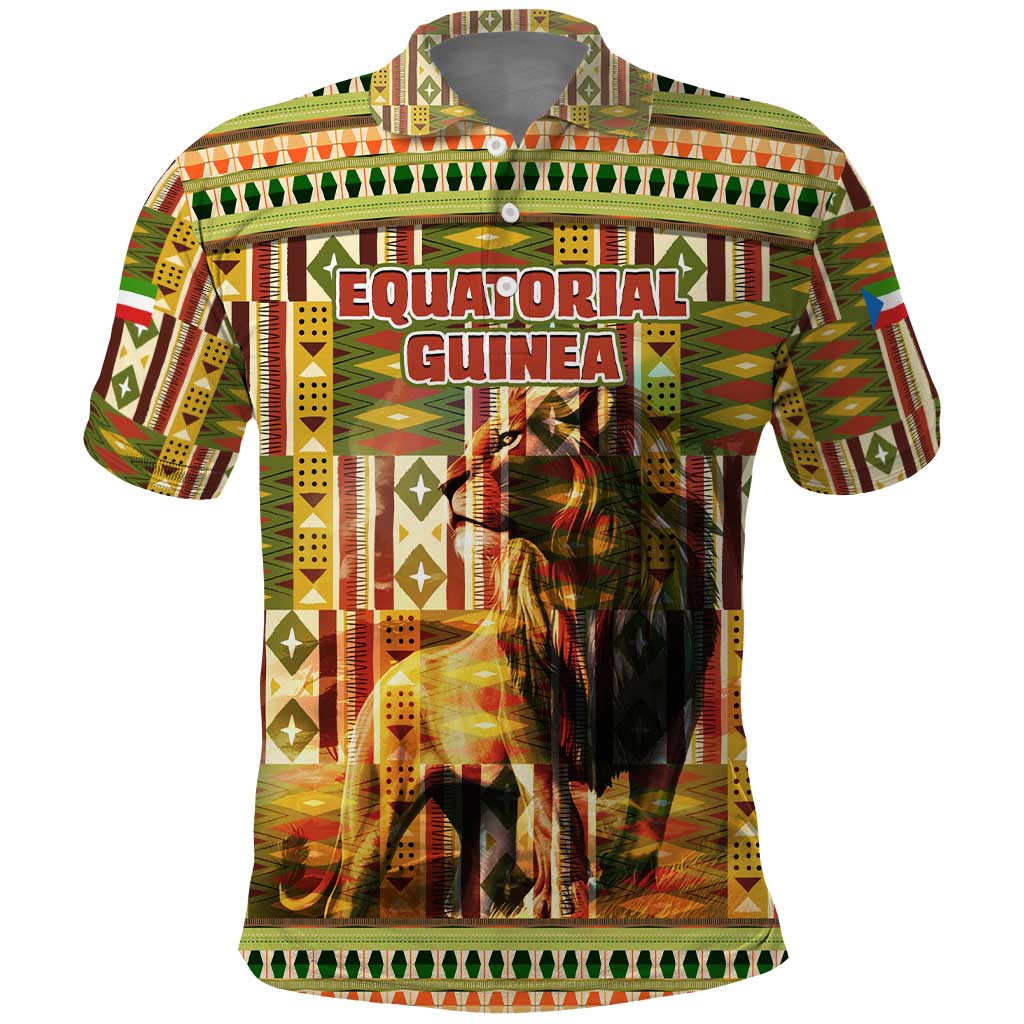 Equatorial Guinea Polo Shirt - Lion Print and Traditional African Kente Patterns