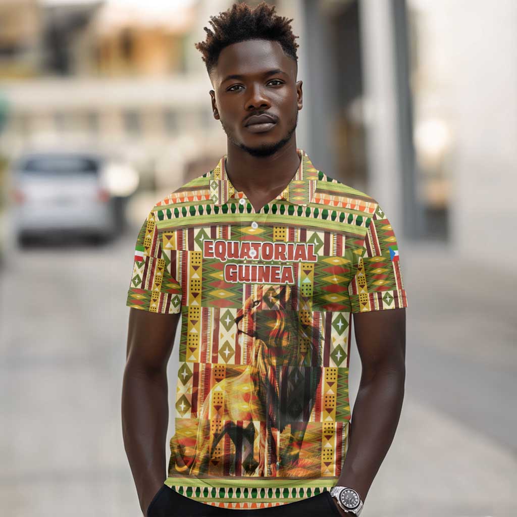 Equatorial Guinea Polo Shirt - Lion Print and Traditional African Kente Patterns