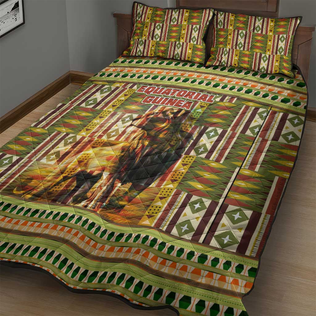 Equatorial Guinea Quilt Bed Set - Lion Print and Traditional African Kente Patterns
