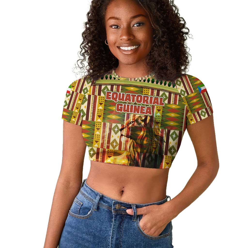 Equatorial Guinea Raglan Cropped T shirt - Lion Print and Traditional African Kente Patterns