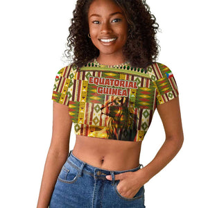 Equatorial Guinea Raglan Cropped T shirt - Lion Print and Traditional African Kente Patterns