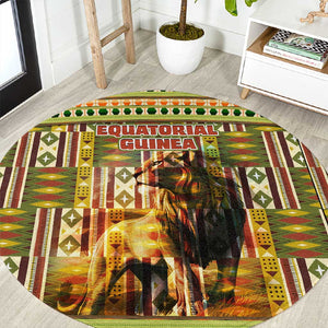 Equatorial Guinea Round Carpet - Lion Print and Traditional African Kente Patterns