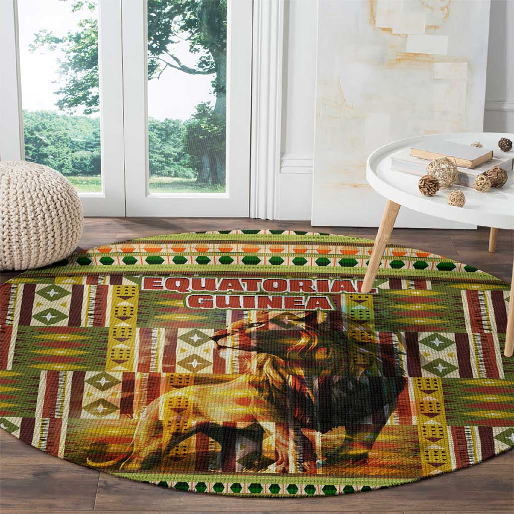 Equatorial Guinea Round Carpet - Lion Print and Traditional African Kente Patterns