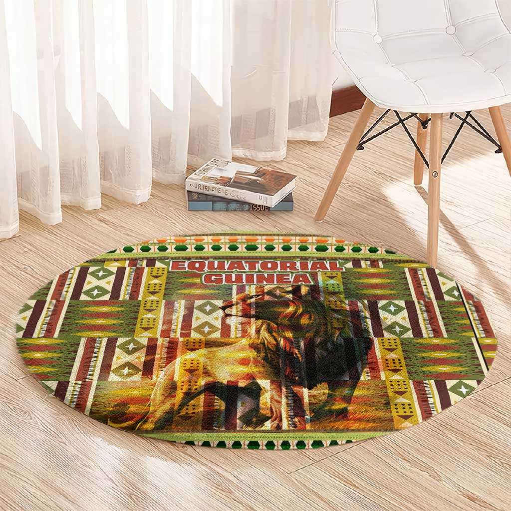 Equatorial Guinea Round Carpet - Lion Print and Traditional African Kente Patterns