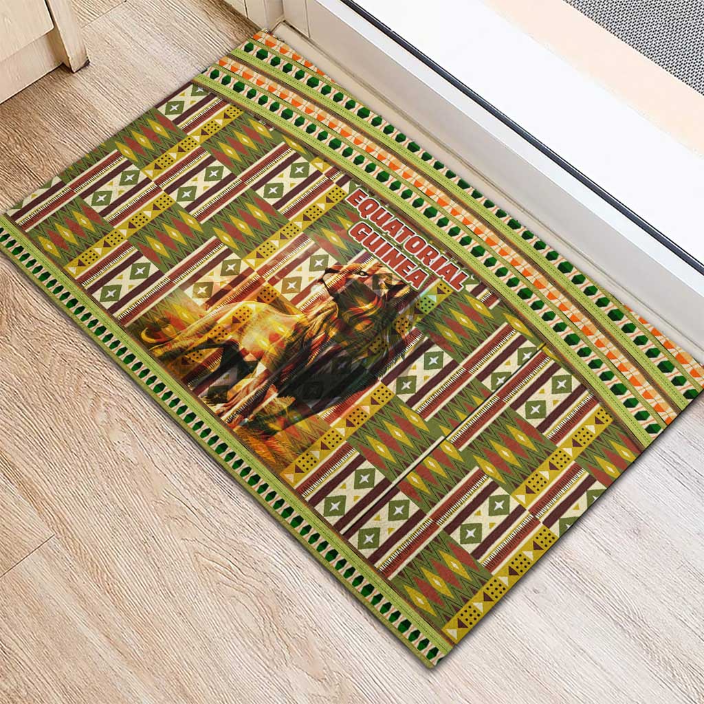 Equatorial Guinea Rubber Doormat - Lion Print and Traditional African Kente Patterns