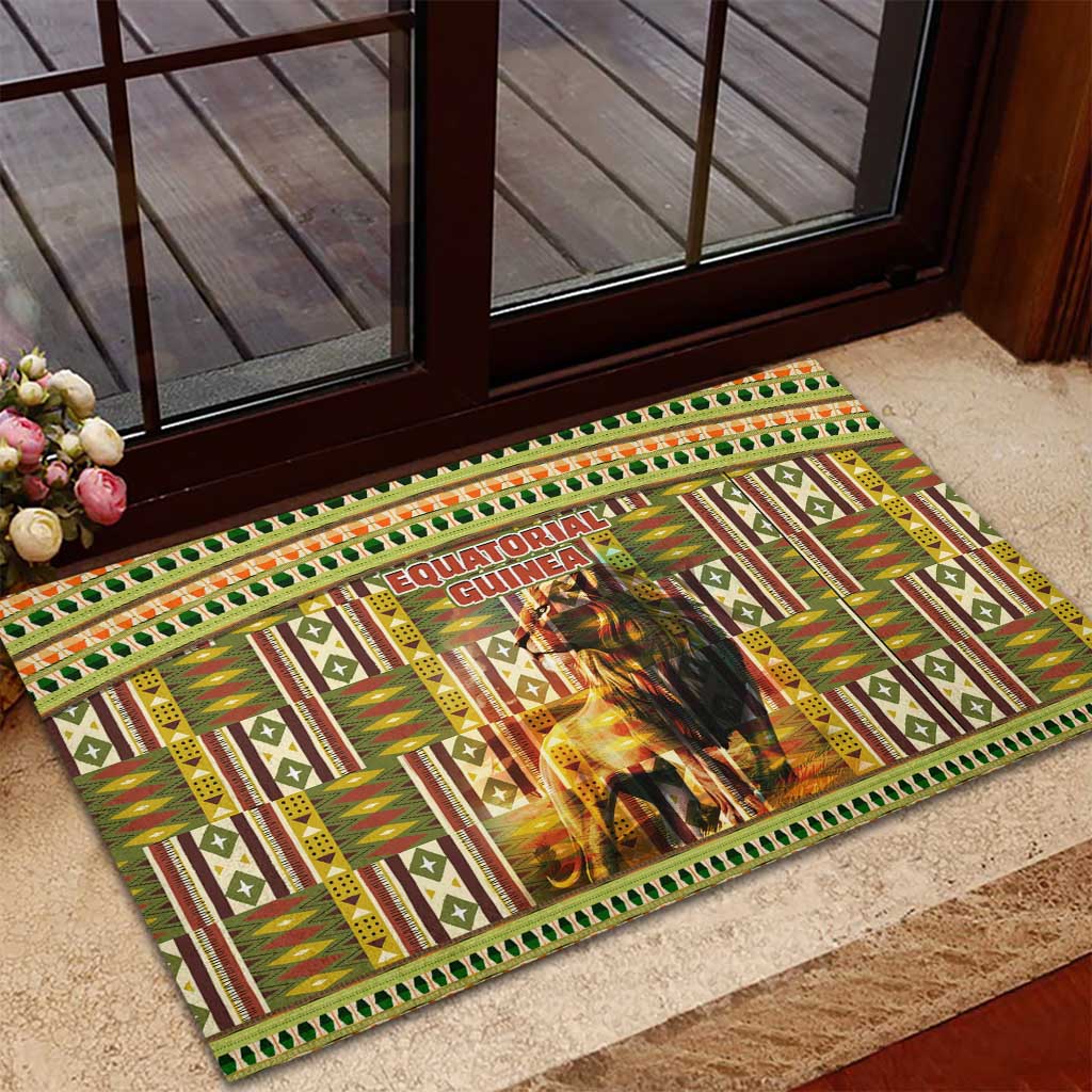 Equatorial Guinea Rubber Doormat - Lion Print and Traditional African Kente Patterns