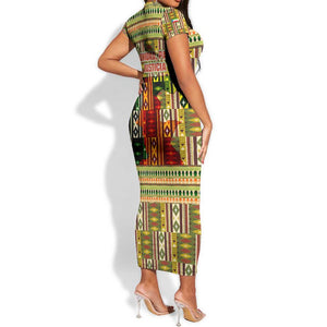 Equatorial Guinea Short Sleeve Bodycon Dress - Lion Print and Traditional African Kente Patterns