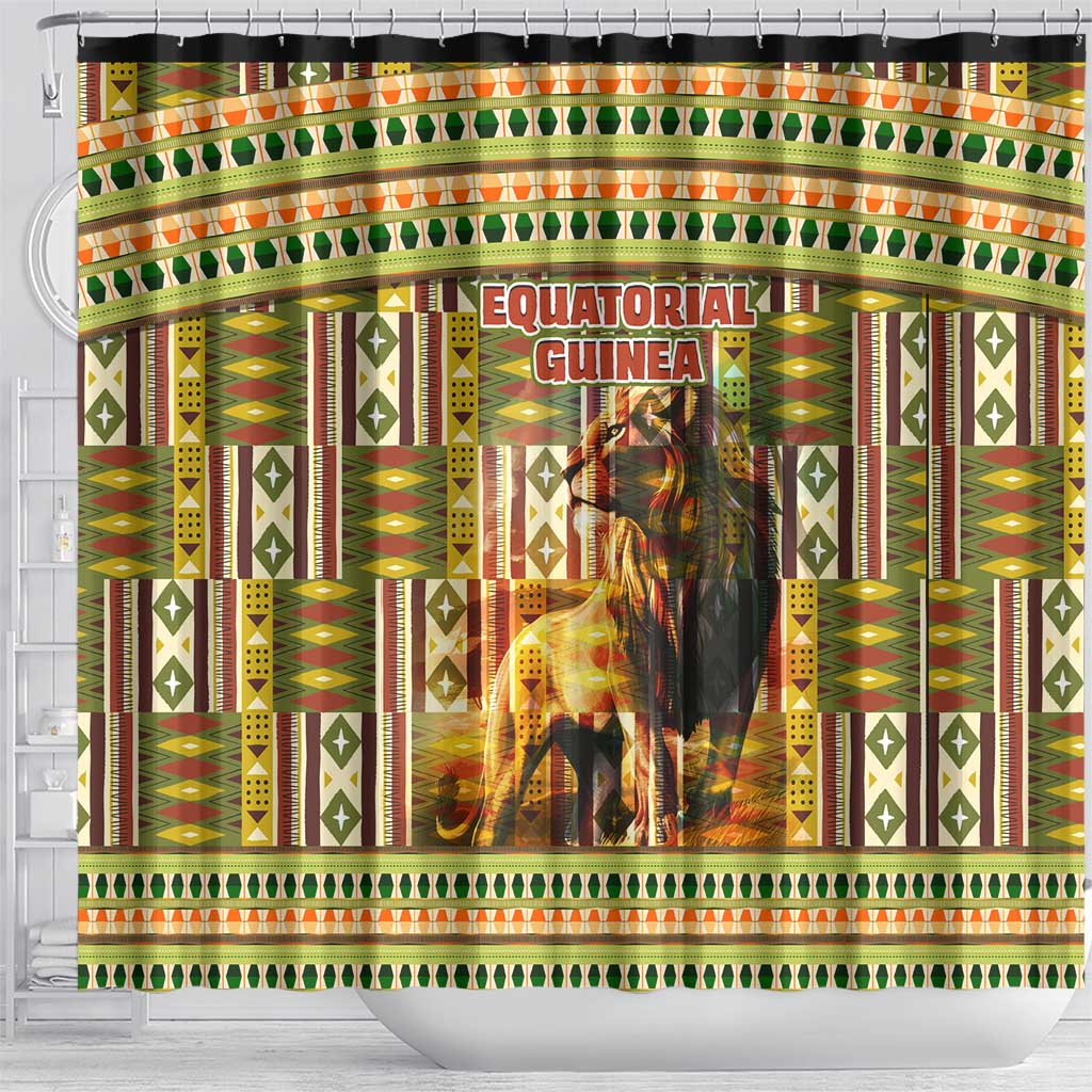 Equatorial Guinea Shower Curtain - Lion Print and Traditional African Kente Patterns